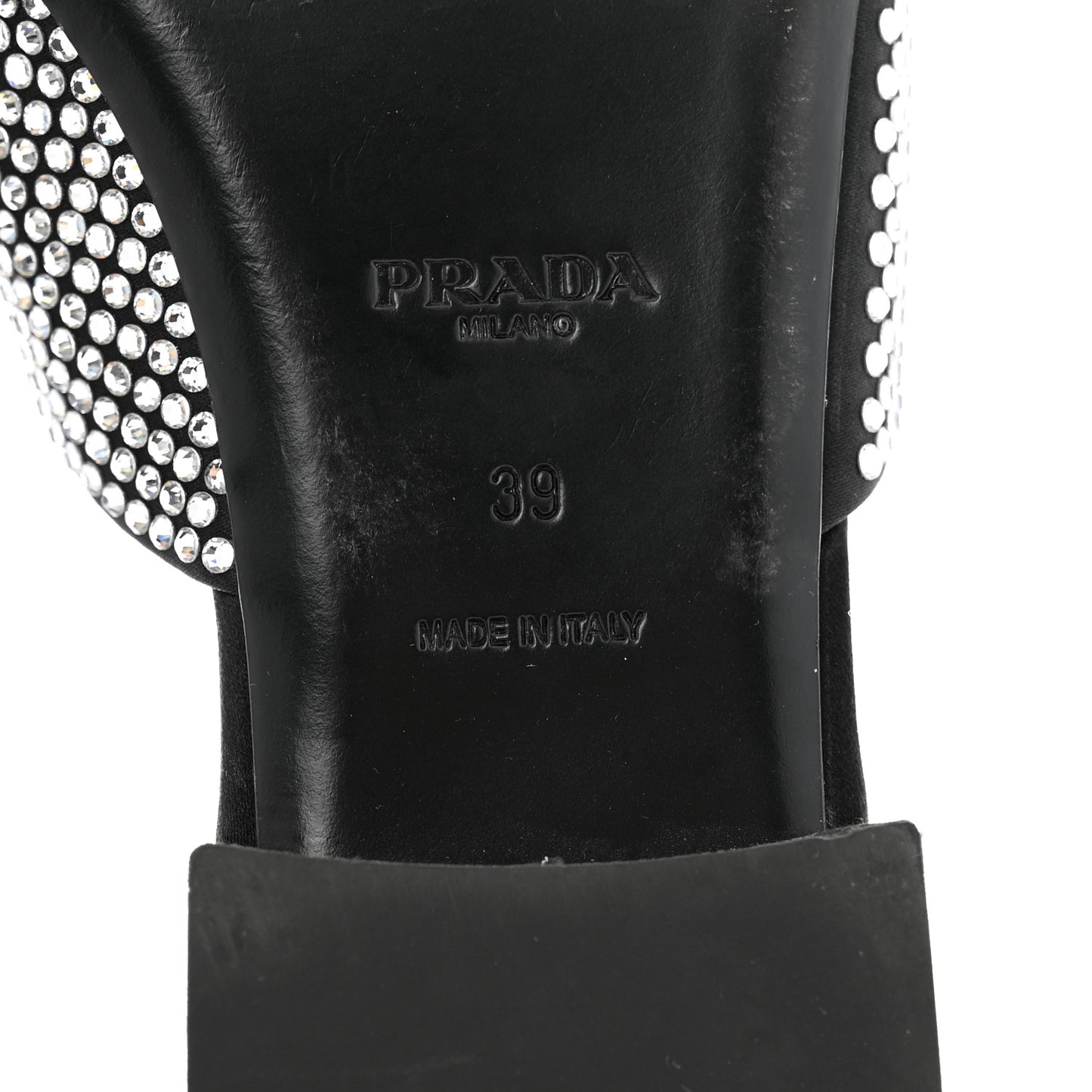 Satin Crystal Logo 10mm Slide Sandals 39 Black