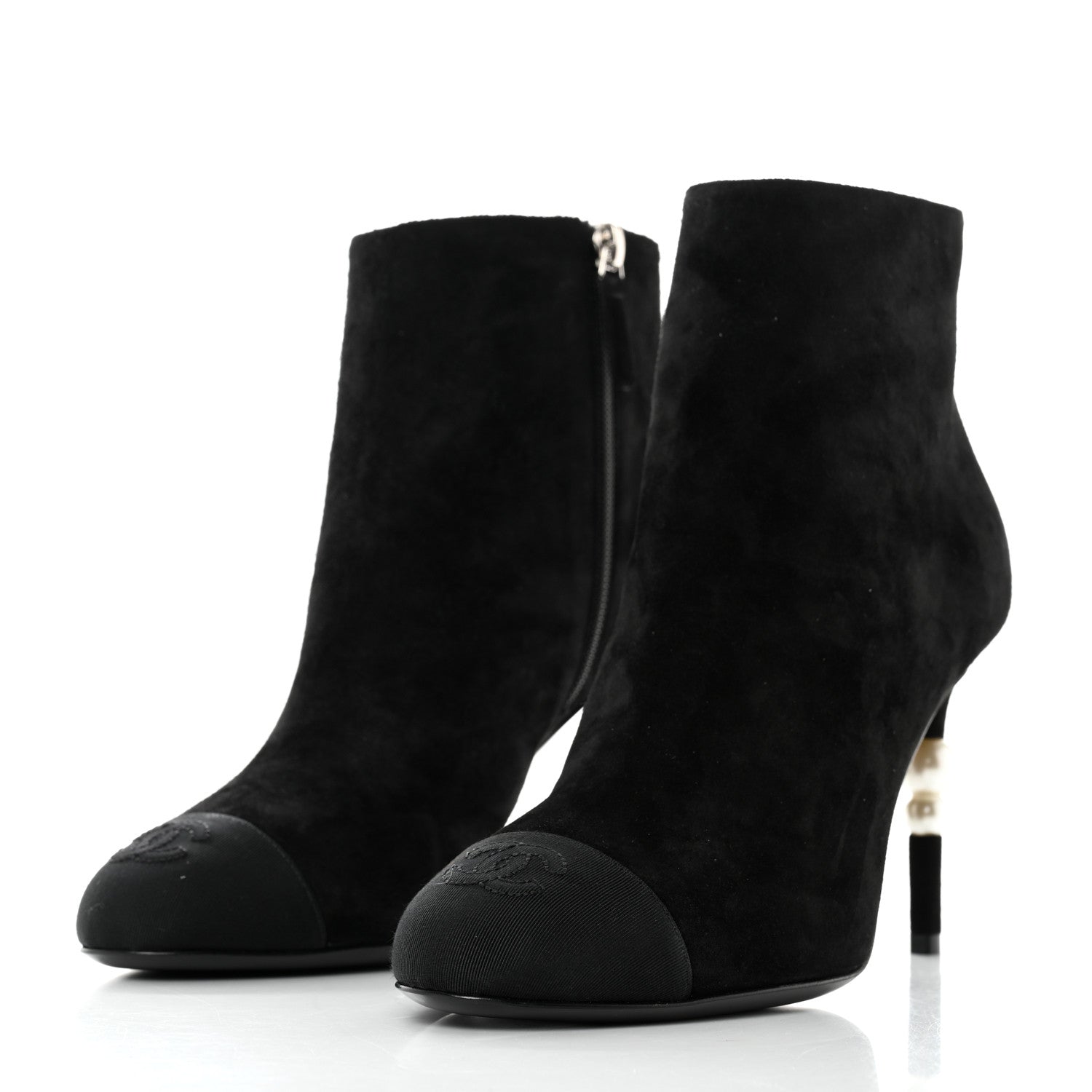 Chanel Suede Grosgrain Pearl Ankle Boots 38.5 Black 3 of 9