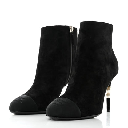 Chanel Suede Grosgrain Pearl Ankle Boots 38.5 Black 3 of 9