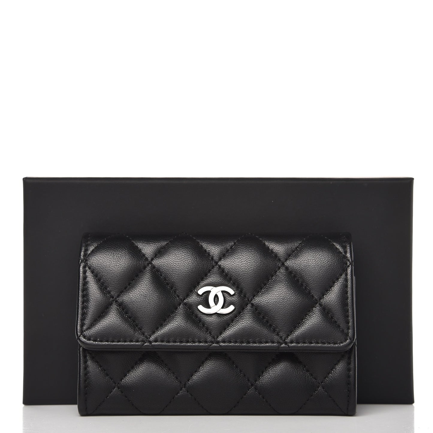 Lambskin Quilted Flap Card Holder Black