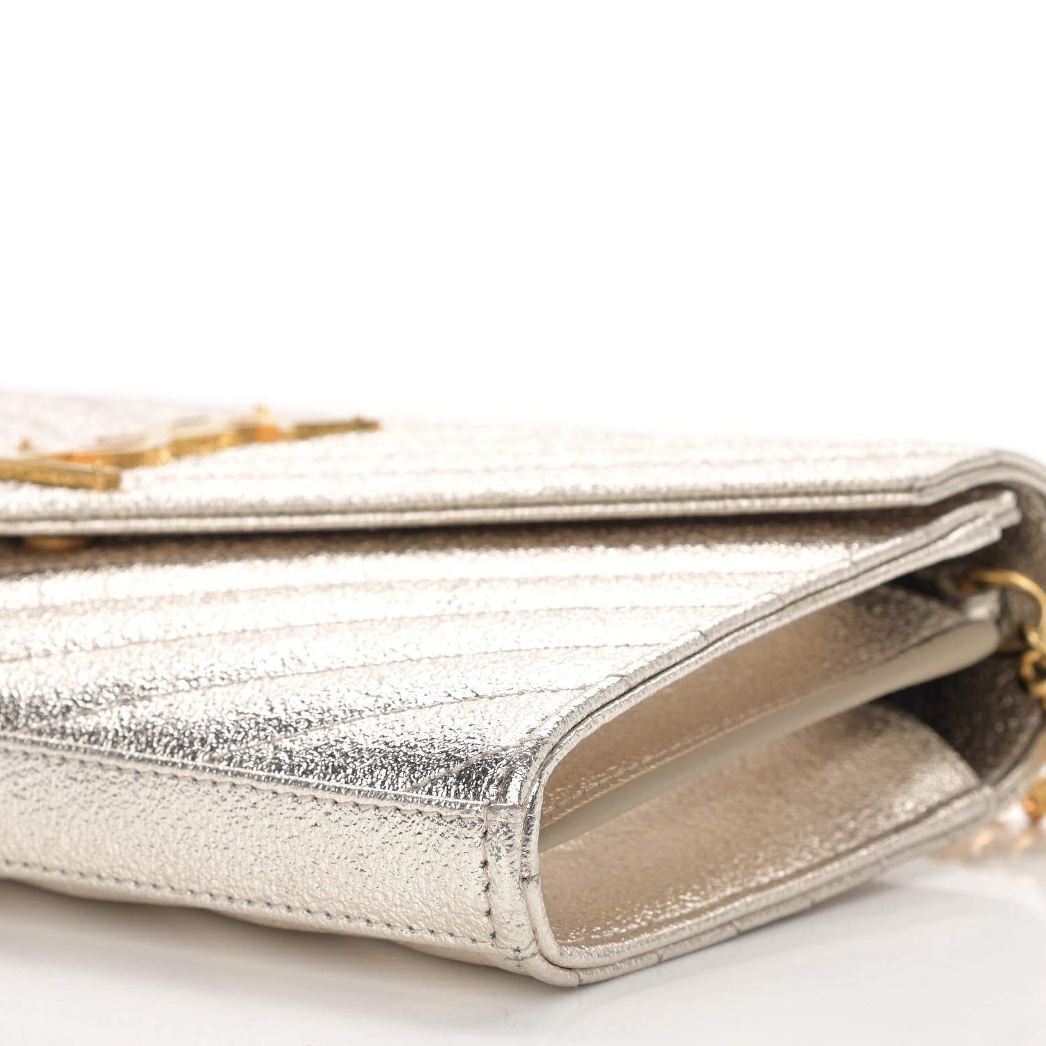 Saint Laurent Metallic Grain De Poudre Matelasse Chevron Monogram Chain Wallet Gold 10 of 15