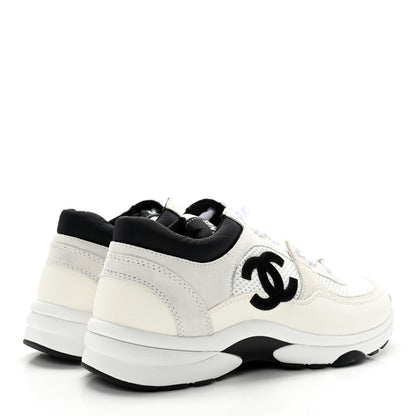 Chanel Mesh Suede Calfskin Grained Calfskin Womens CC Sneakers 38 White Black 4 of 12