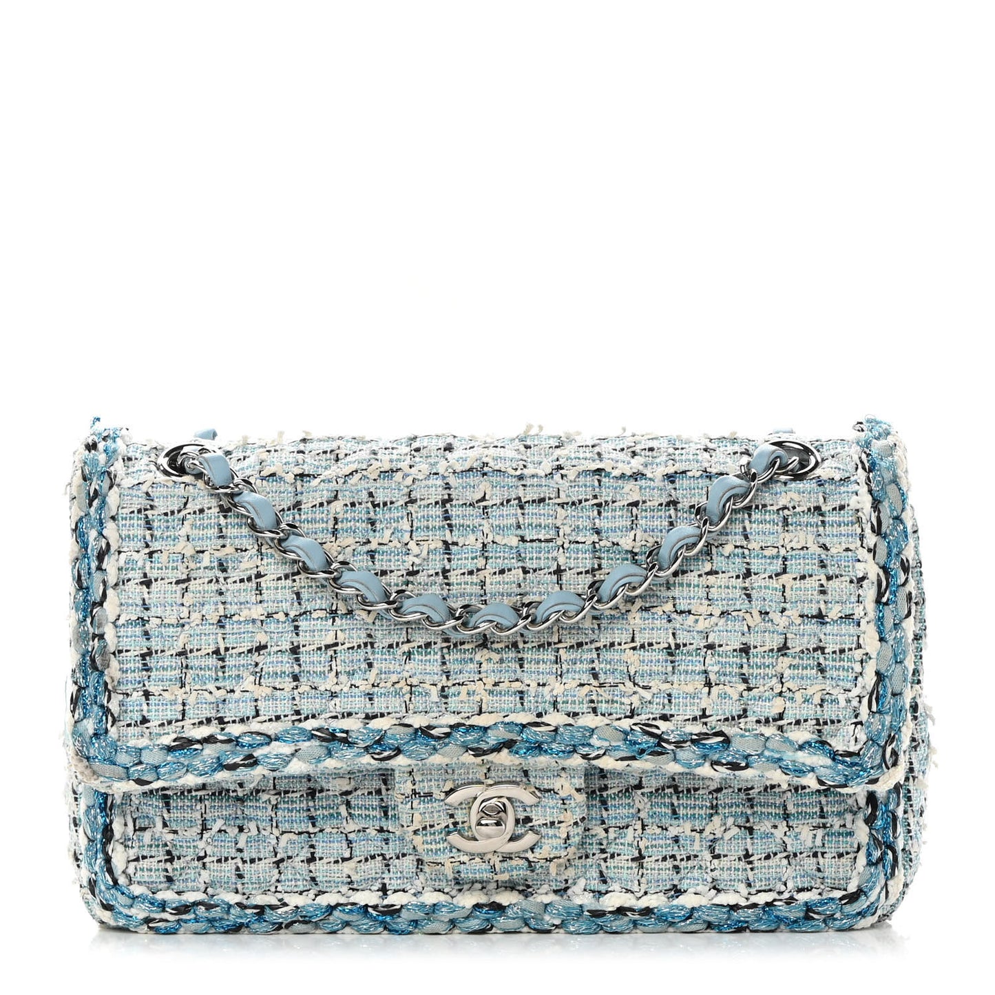 Tweed Quilted Medium Double Flap Blue White