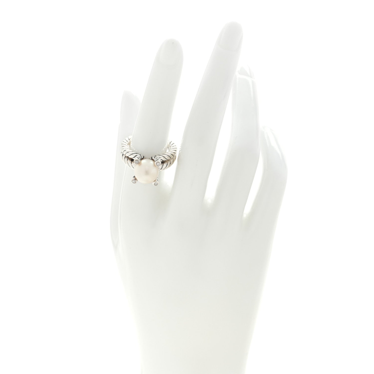 David Yurman Sterling Silver Diamond Pearl 10mm Cable Ring 54 7 2 of 4