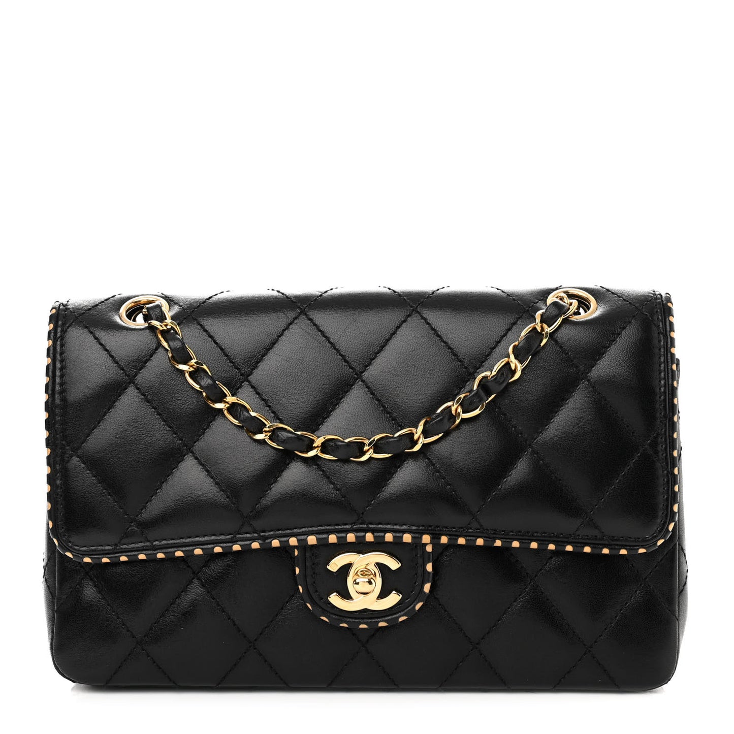 Lambskin Quilted Perforated Edge Flap Black Beige
