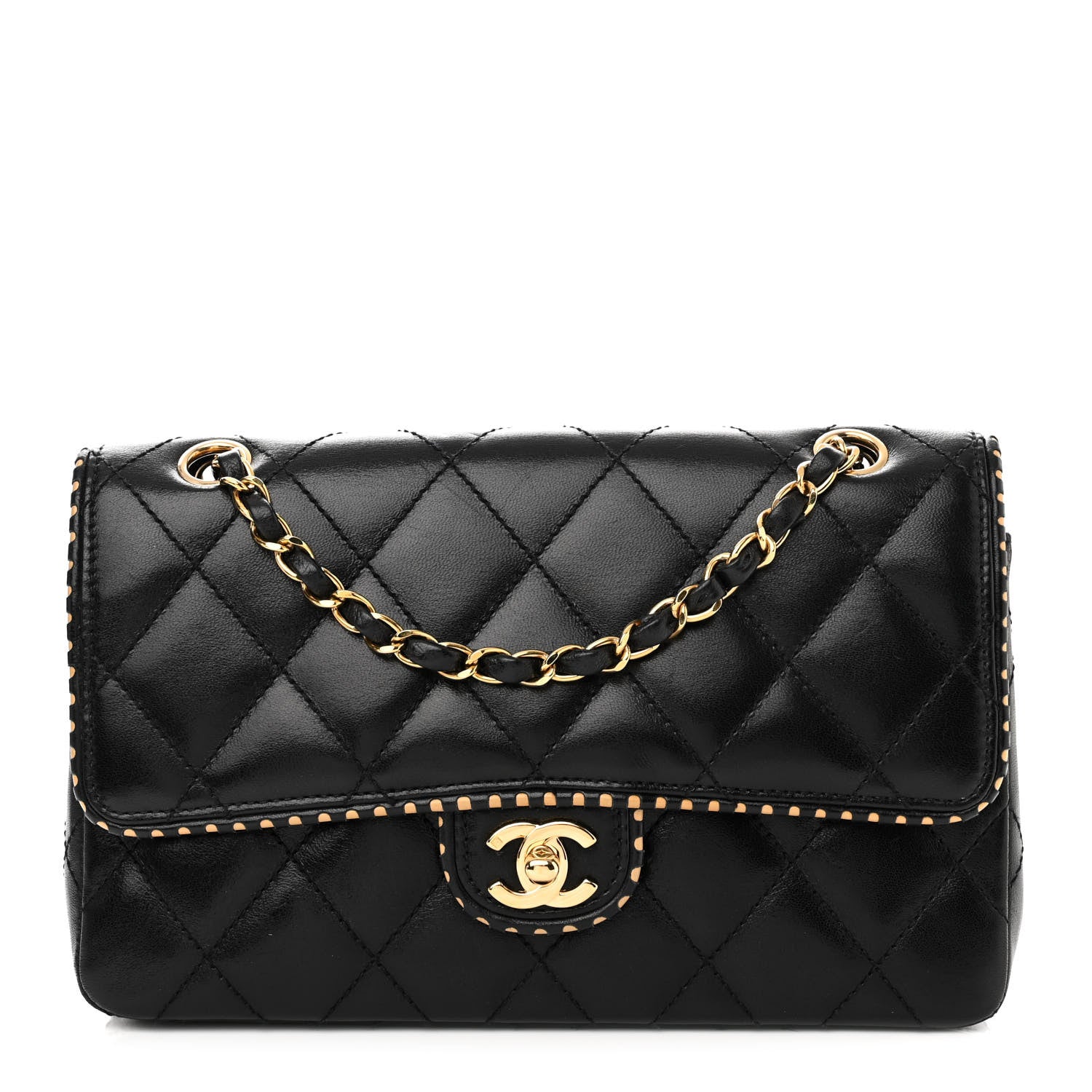Chanel Lambskin Quilted Perforated Edge Flap Black Beige 1 of 11