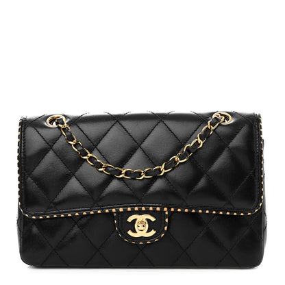 Chanel Lambskin Quilted Perforated Edge Flap Black Beige 1 of 11