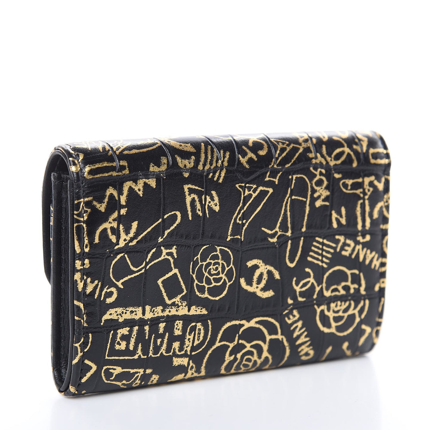 Calfskin Crocodile Embossed Graffiti 2.55 Cocodile Reissue Flap Card Holder Black Gold
