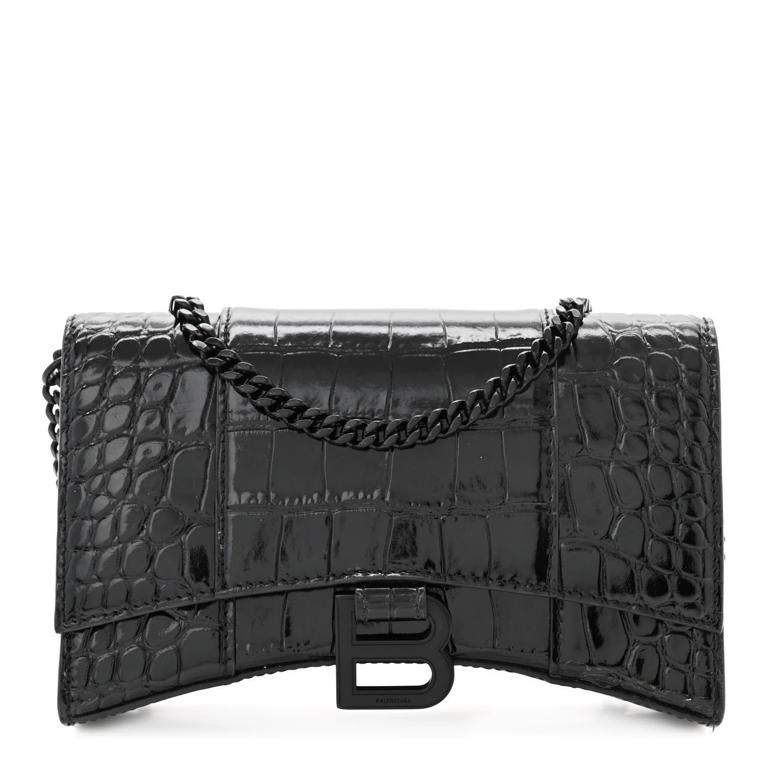 Balenciaga Shiny Calfskin Monochrome Crocodile Embossed Hourglass Chain Bag Black 1 of 11