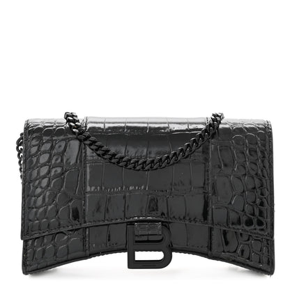 Balenciaga Shiny Calfskin Monochrome Crocodile Embossed Hourglass Chain Bag Black 1 of 11