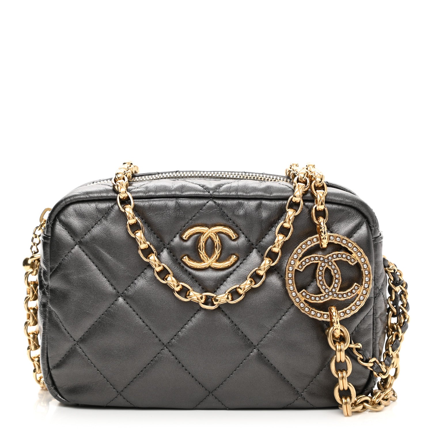Chanel Metallic Calfskin Pearl Quilted CC Mini Camera Case Ruthenium 1 of 11