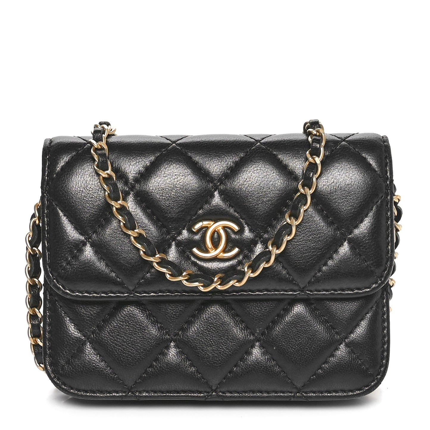 Lambskin Quilted CC Pearl Crush Card Holder With Chain Black