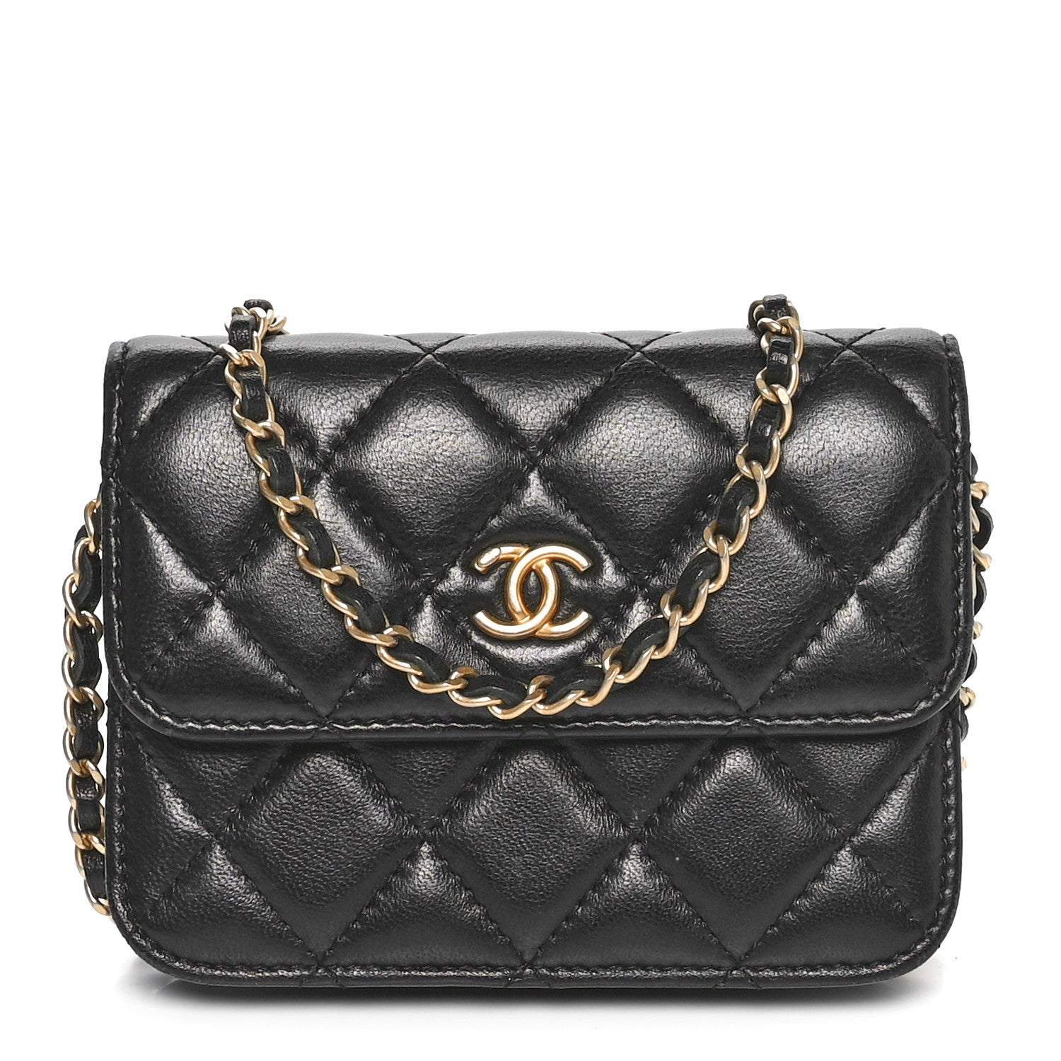 Chanel Lambskin Quilted CC Pearl Crush Card Holder With Chain Black 1 of 9