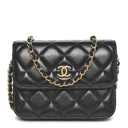 Chanel Lambskin Quilted CC Pearl Crush Card Holder With Chain Black 1 of 9