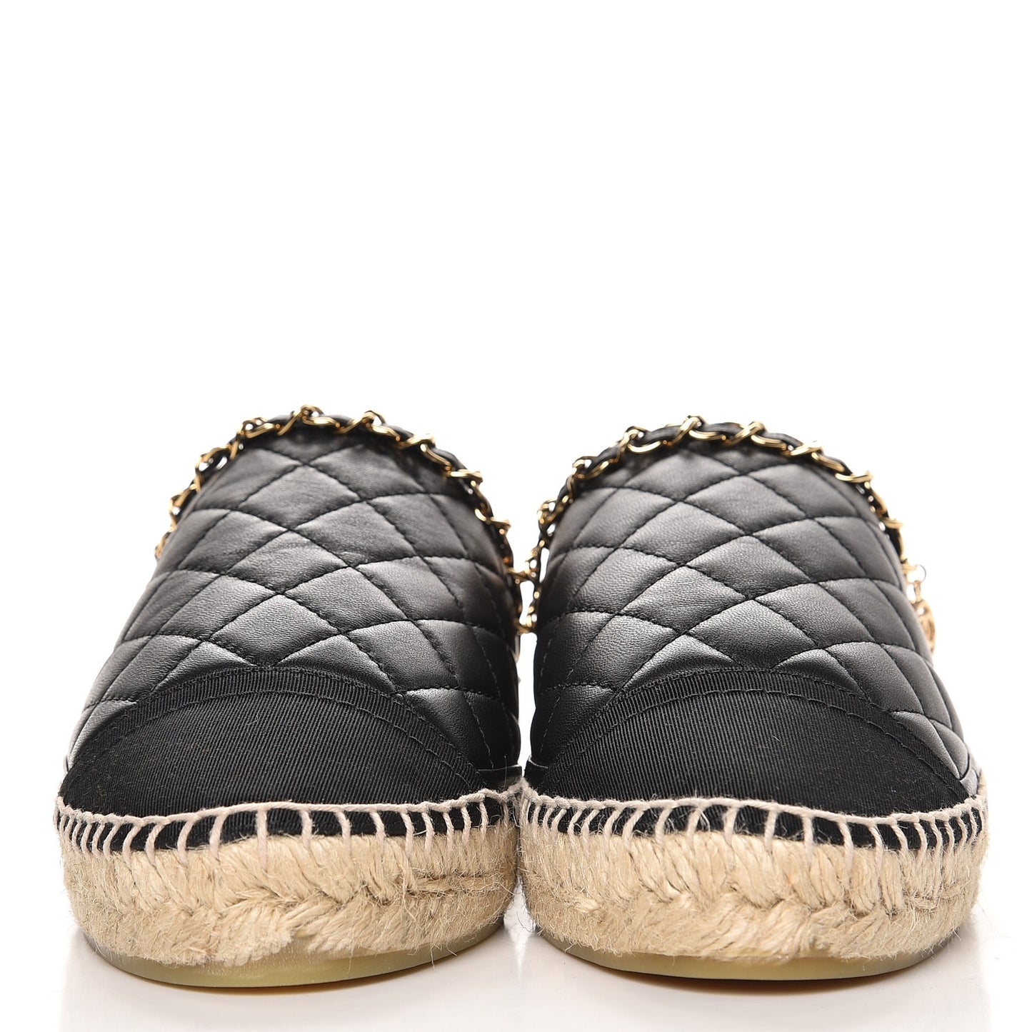 Lambskin Grosgrain Quilted CC Chain Espadrille Mules 39 Black