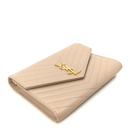 Saint Laurent Grain De Poudre Matelasse Chevron Monogram Cassandre Flap Pouch Dark Beige 4 of 9