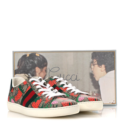Gucci GG Supreme Monogram Strawberry Web Womens Ace Sneakers 38.5 Beige Multicolor Red Green 13 of 13