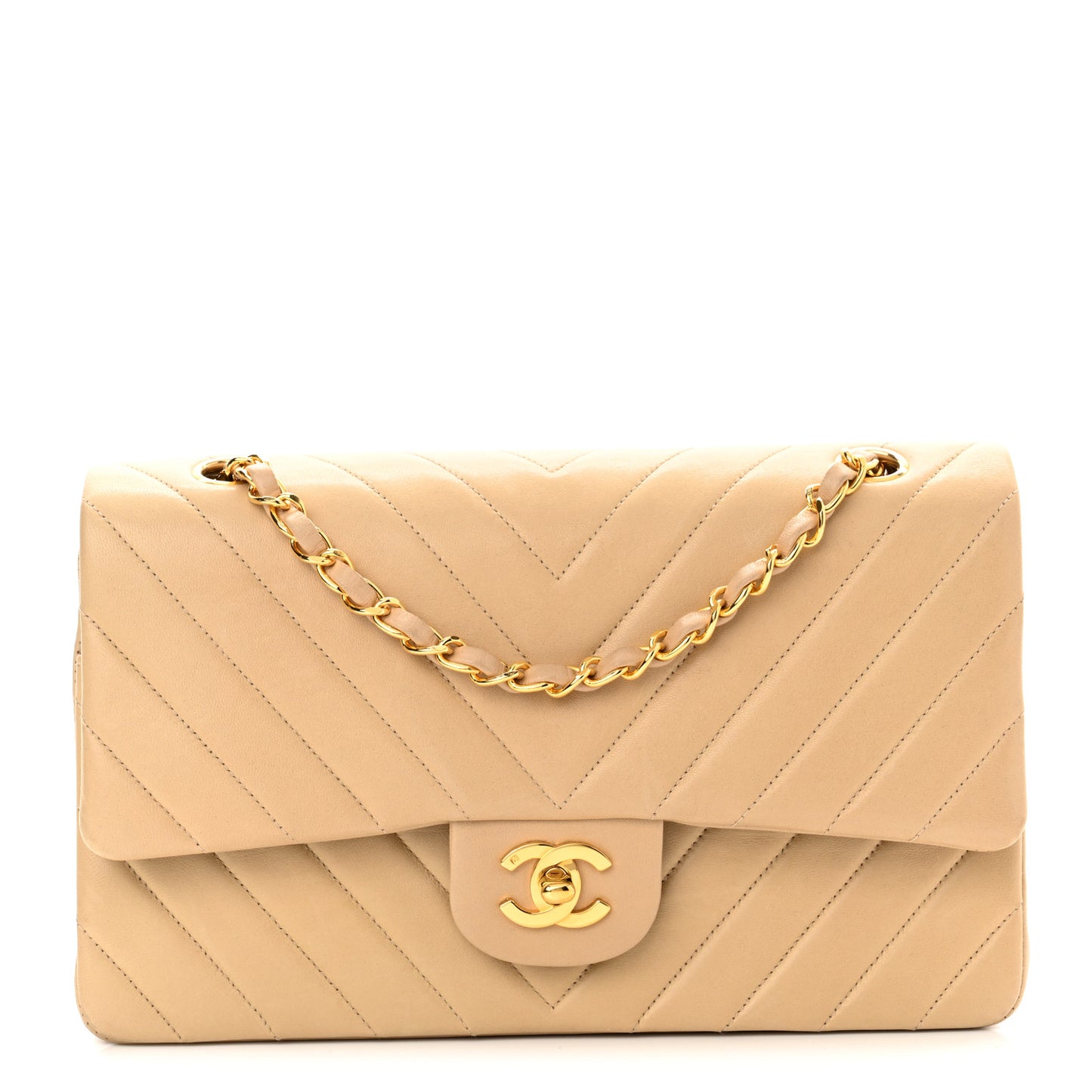 Lambskin Chevron Quilted Medium Double Flap Beige