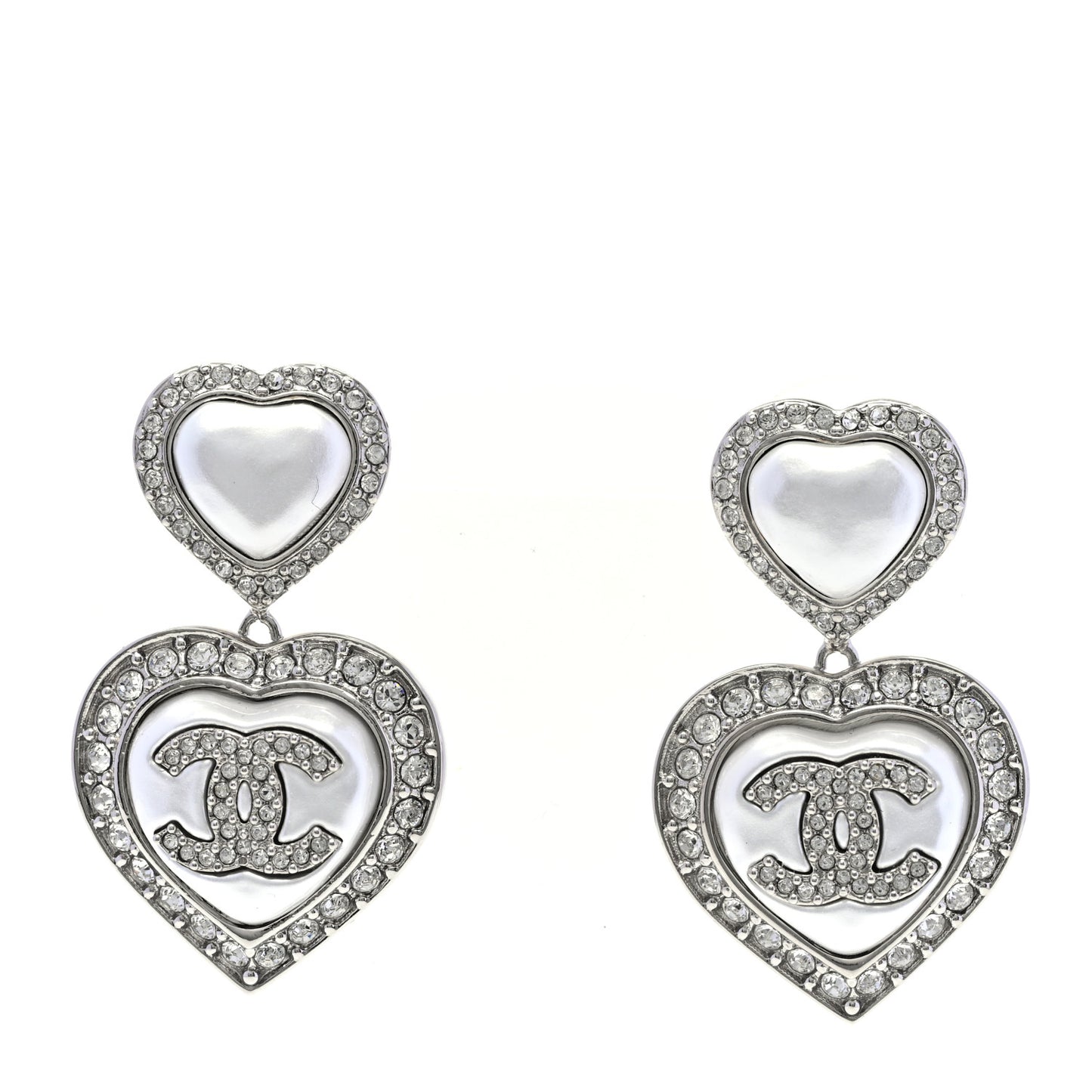 Pearl Crystal CC Heart Drop Earrings Silver