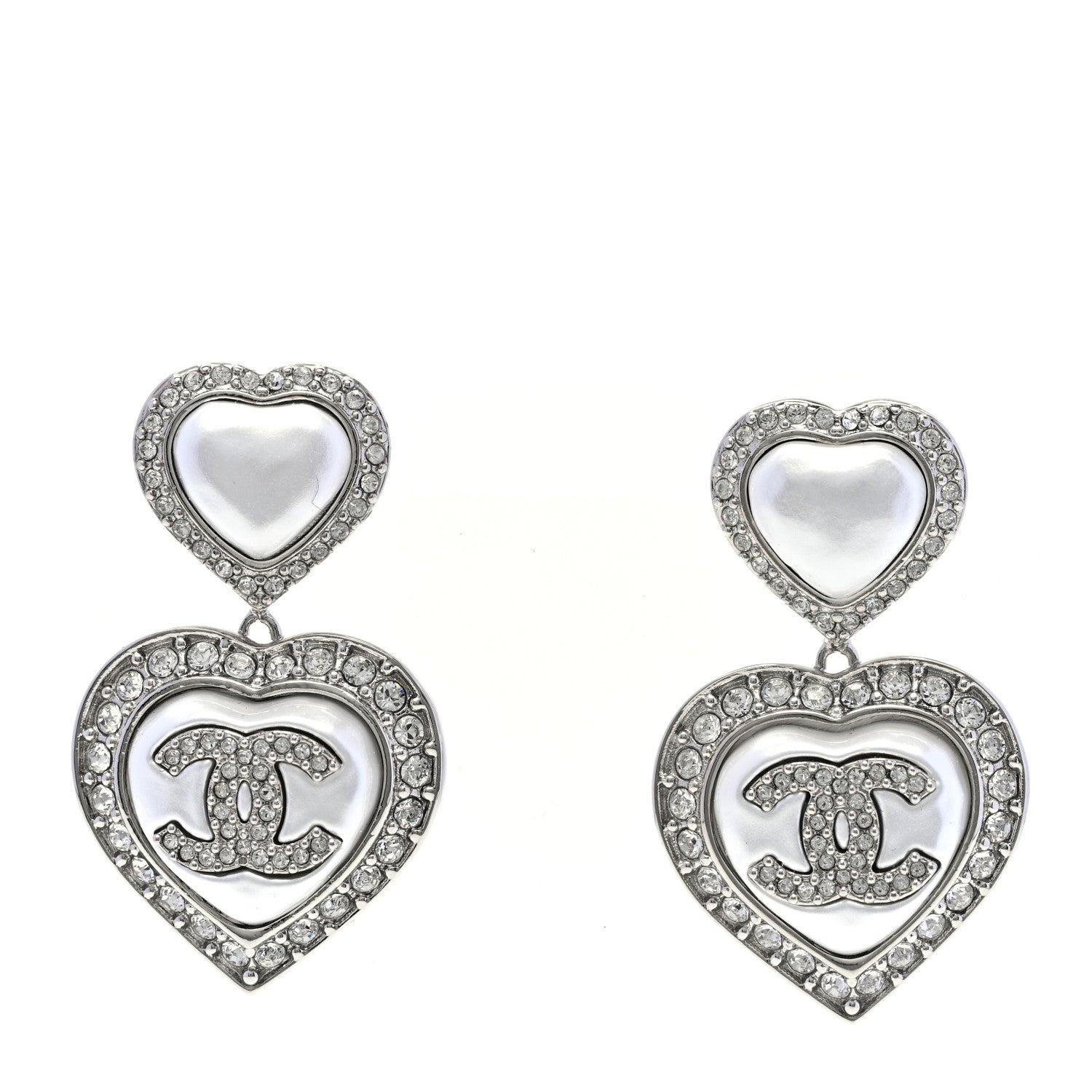 Chanel Pearl Crystal CC Heart Drop Earrings Silver 1 of 5