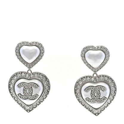 Chanel Pearl Crystal CC Heart Drop Earrings Silver 1 of 5