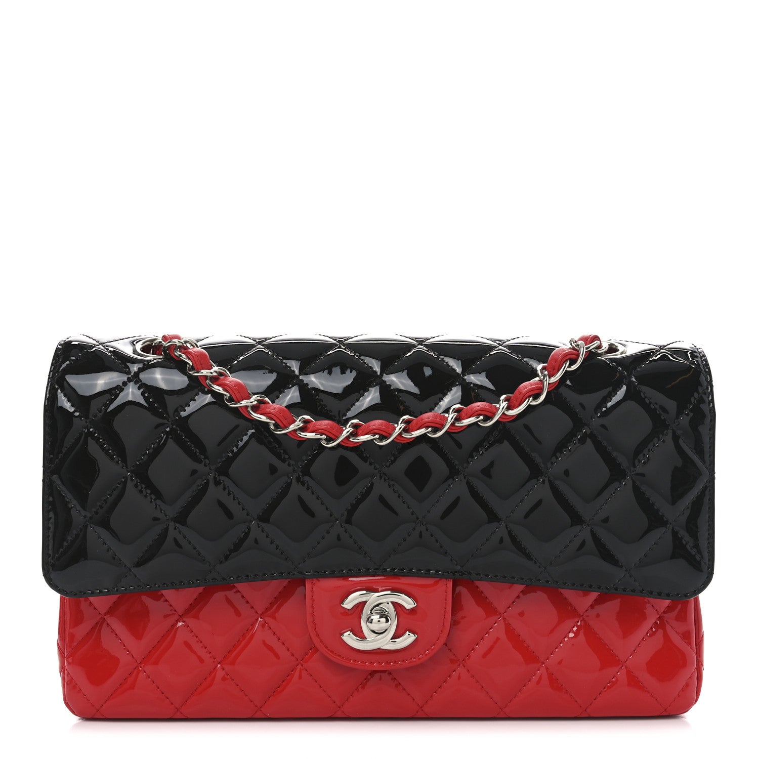 Chanel Patent Calfskin Quilted Bi-Color Medium Double Flap Black Red 1 of 10