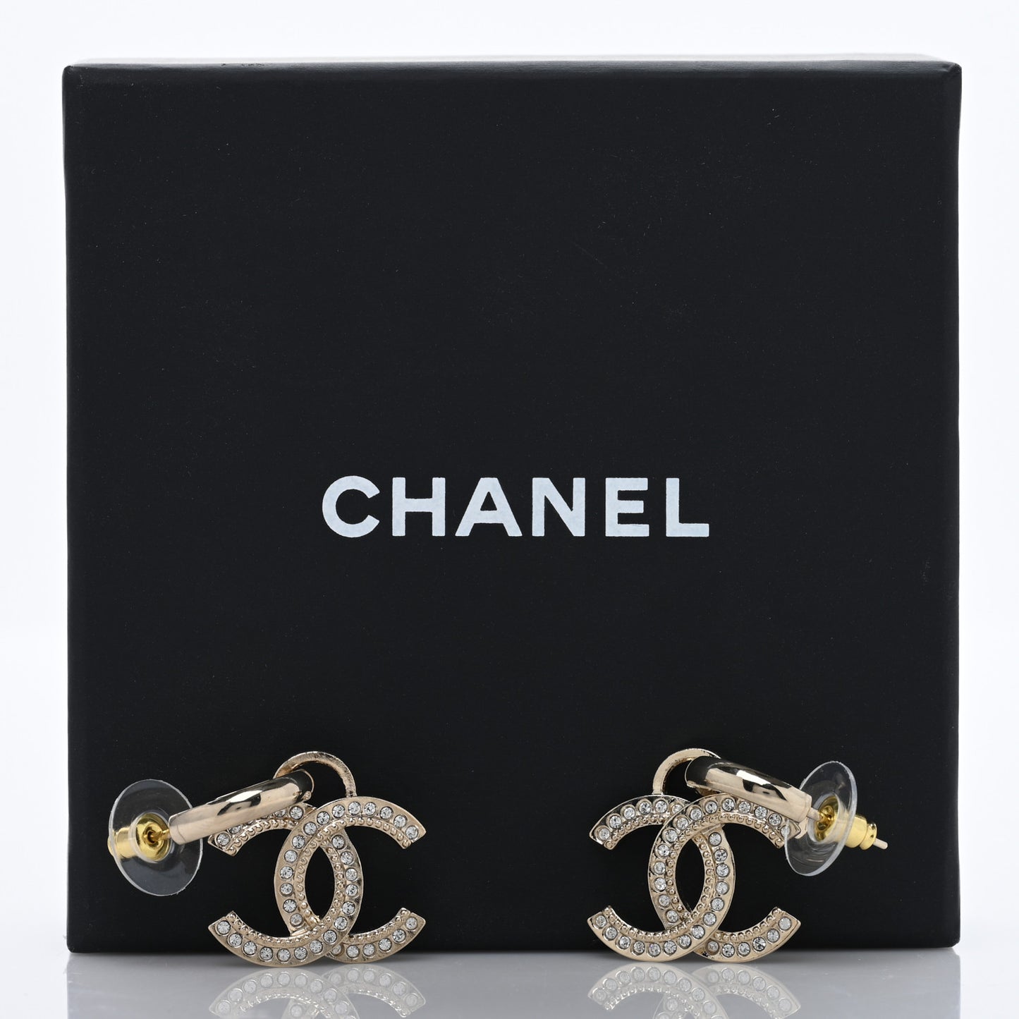 Metal Crystal Studded CC Hoop Drop Earrings Gold