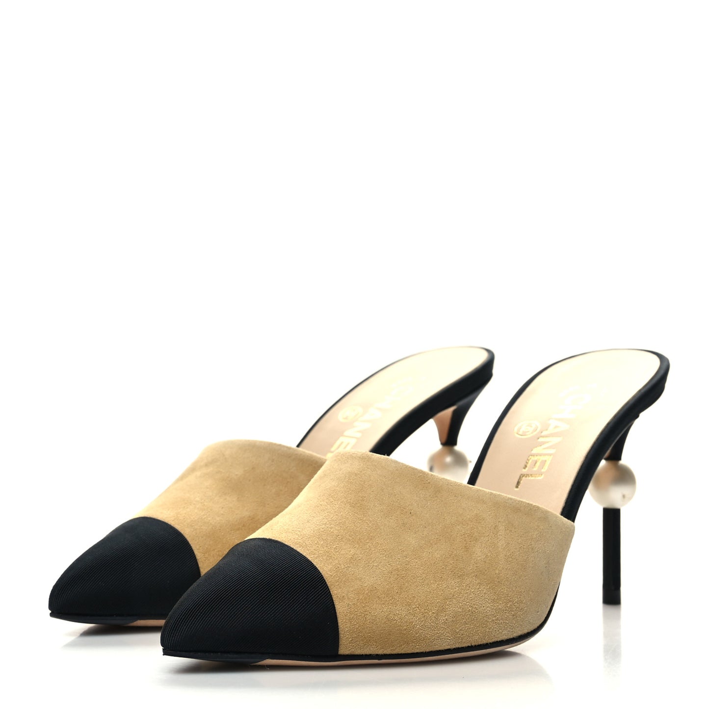Suede Grosgrain Cap Toe CC Mules 37.5 Beige Black