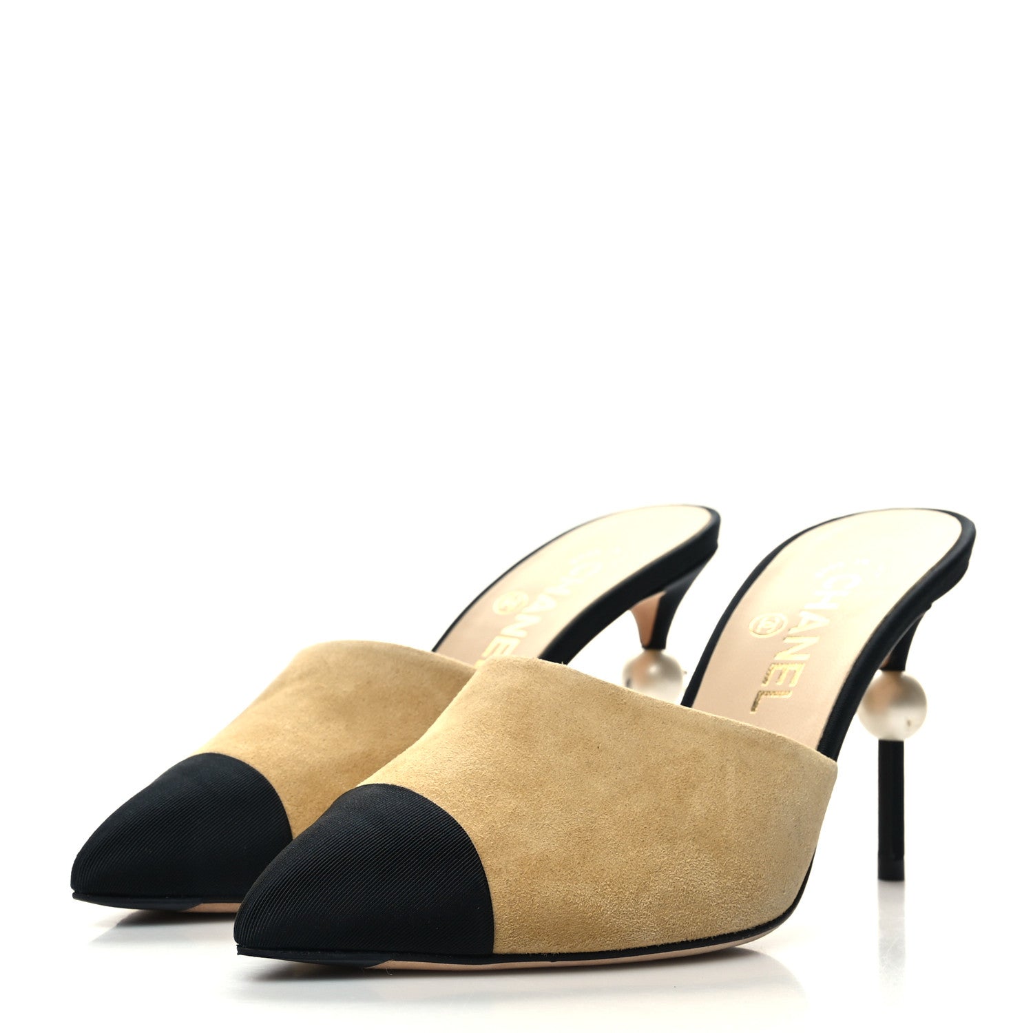 Chanel Suede Grosgrain Cap Toe CC Mules 37.5 Beige Black 3 of 8