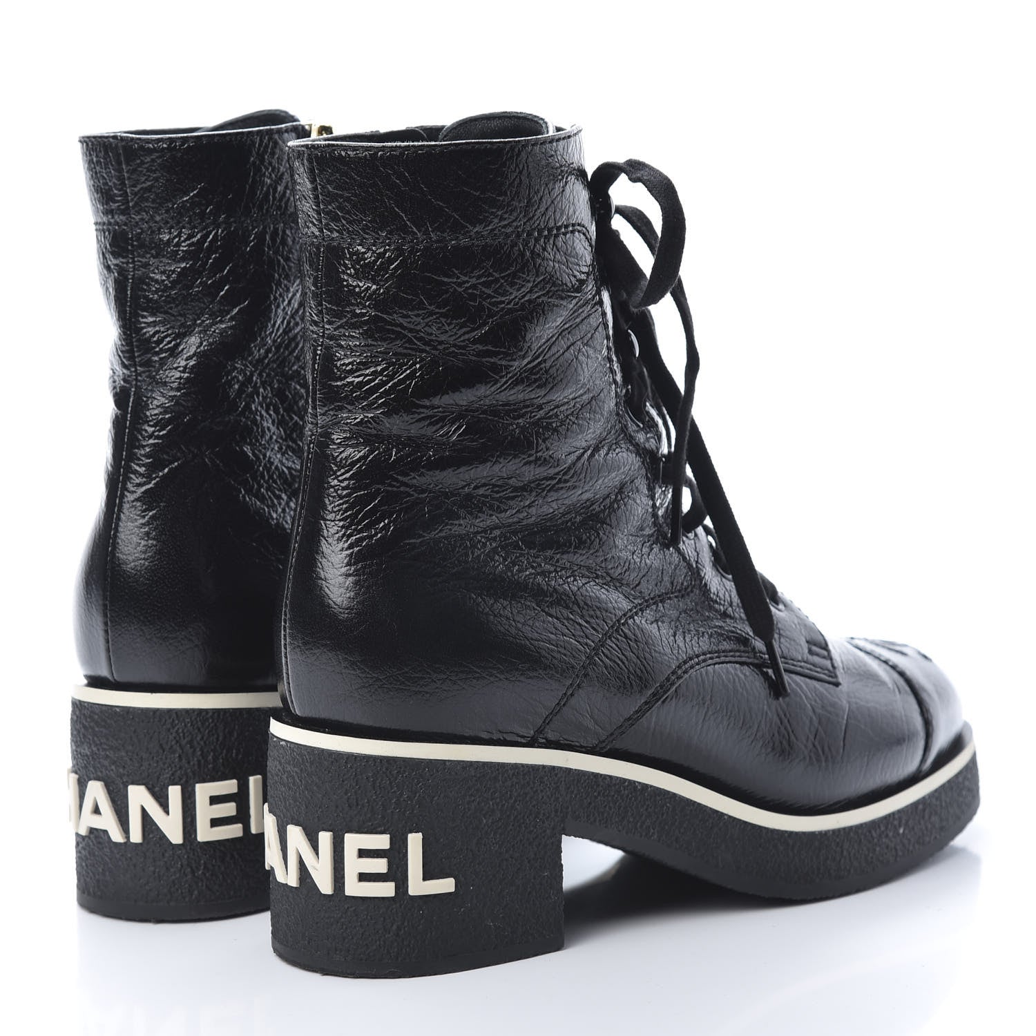 Chanel Shiny Crumpled Lambskin Cap Toe CC Lace Up Boots 37 Black 4 of 9