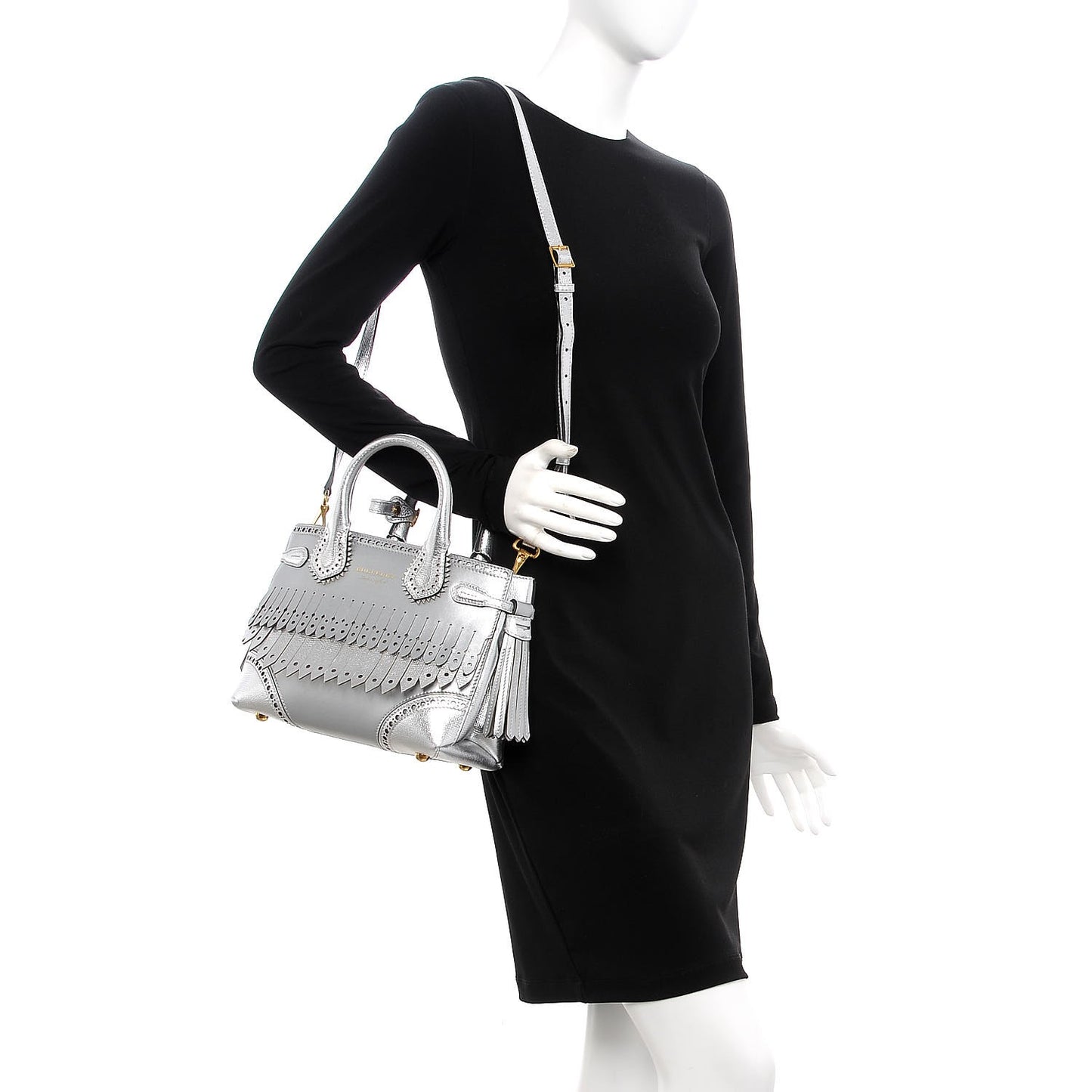 Metallic Calfskin Broguing Small Banner Tote Silver