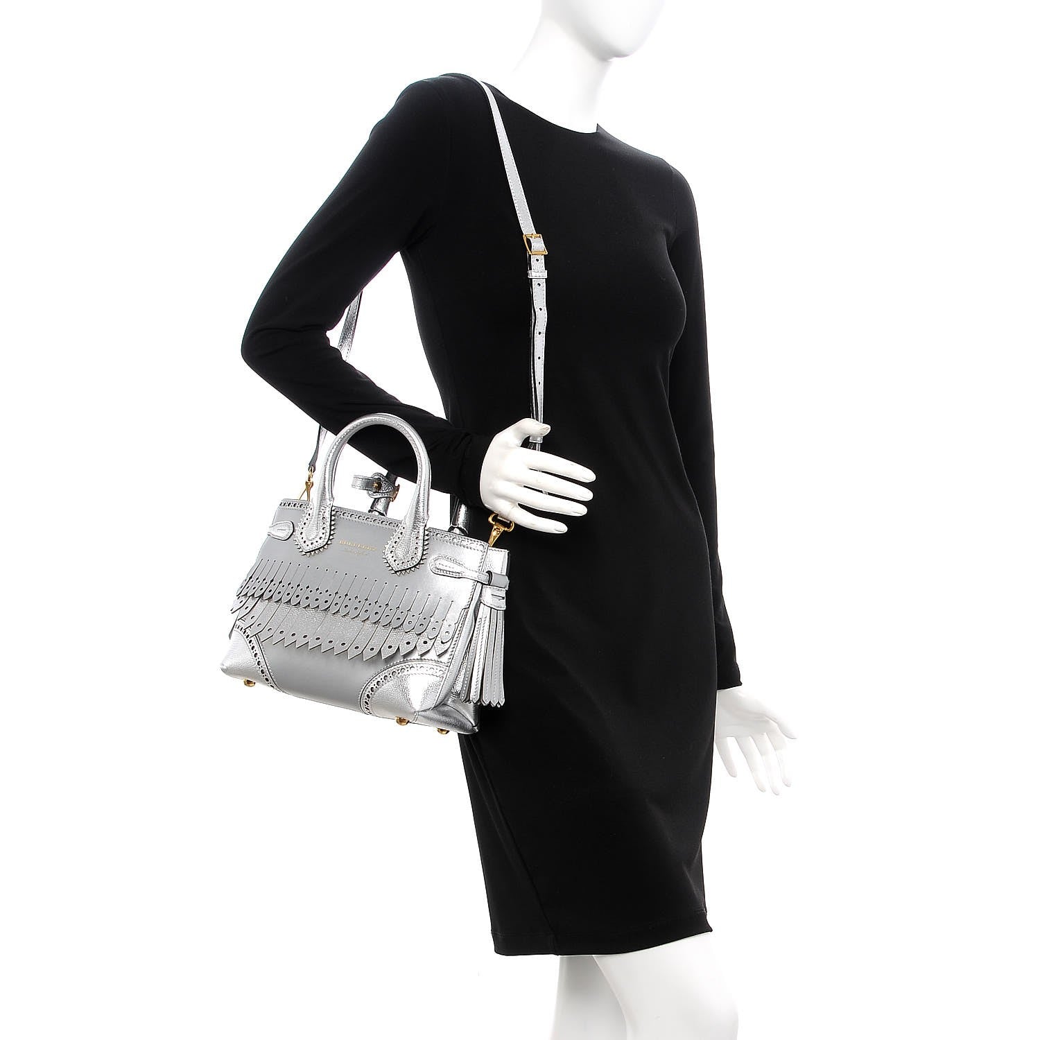 Burberry Metallic Calfskin Broguing Small Banner Tote Silver 2 of 8
