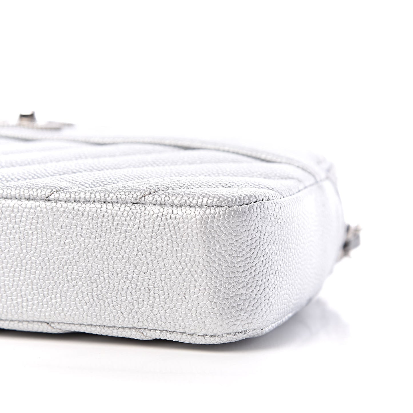 Metallic Caviar Chevron Quilted Small Vintage Mademoiselle Clutch With Chain Silver