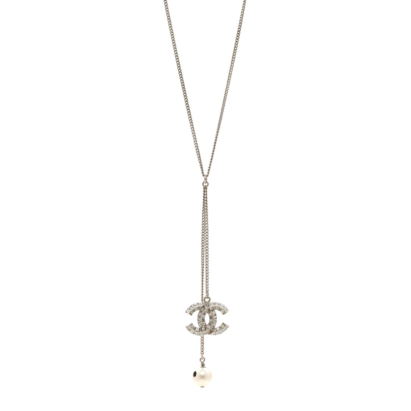 Baguette Crystal Pearl CC Lariat Necklace Silver