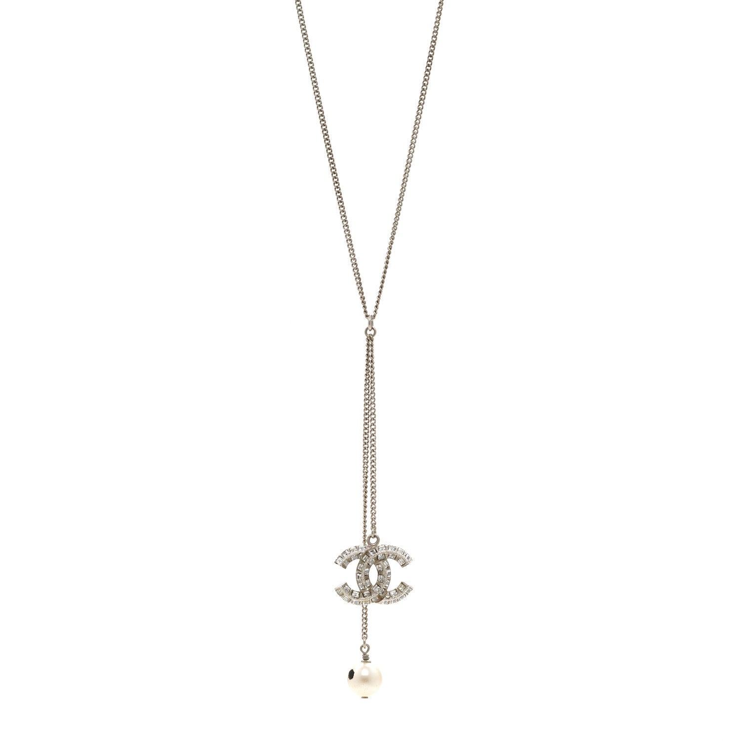 Chanel Baguette Crystal Pearl CC Lariat Necklace Silver 1 of 5
