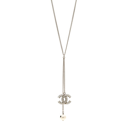 Chanel Baguette Crystal Pearl CC Lariat Necklace Silver 1 of 5