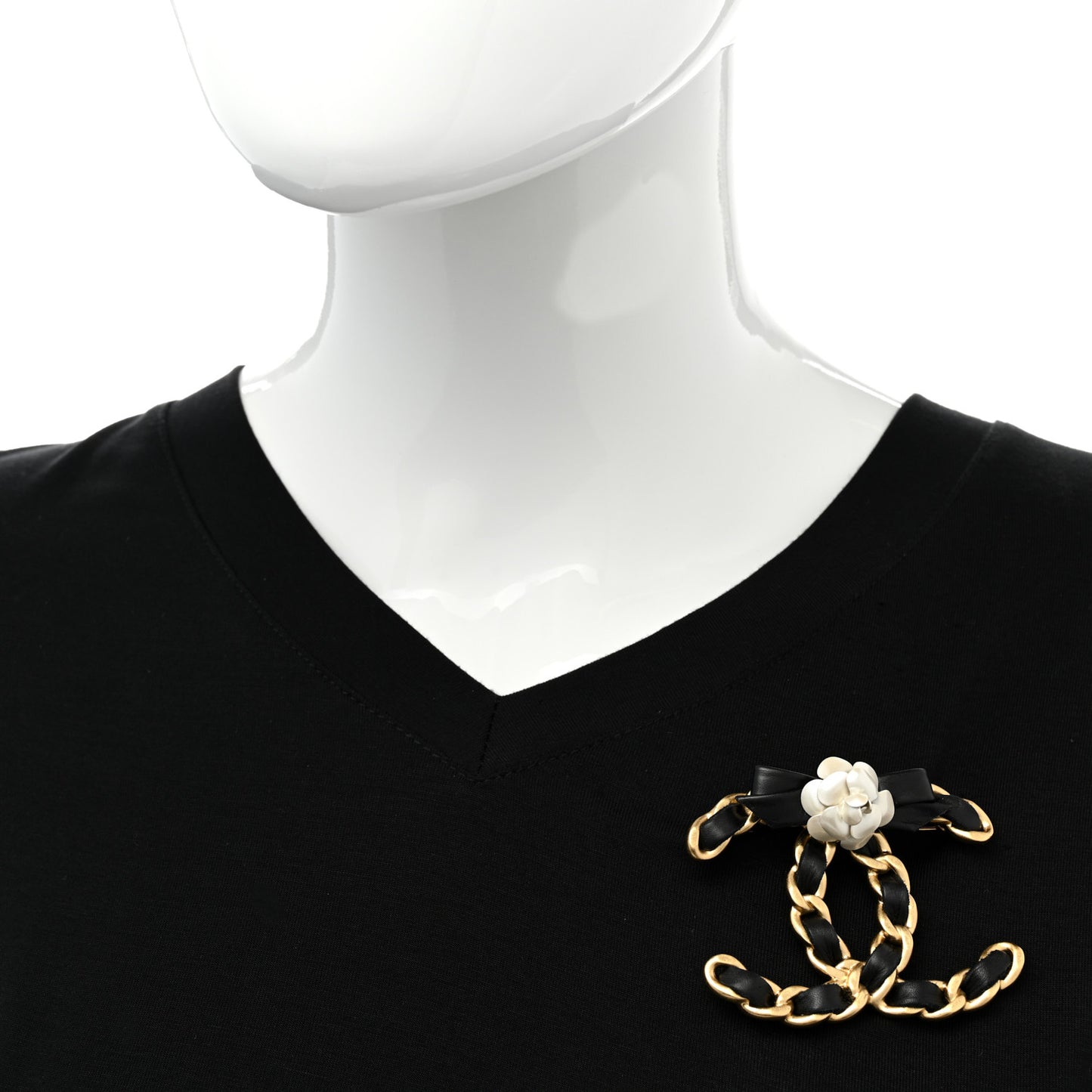 Lambskin Chain Camellia CC Brooch Black Gold