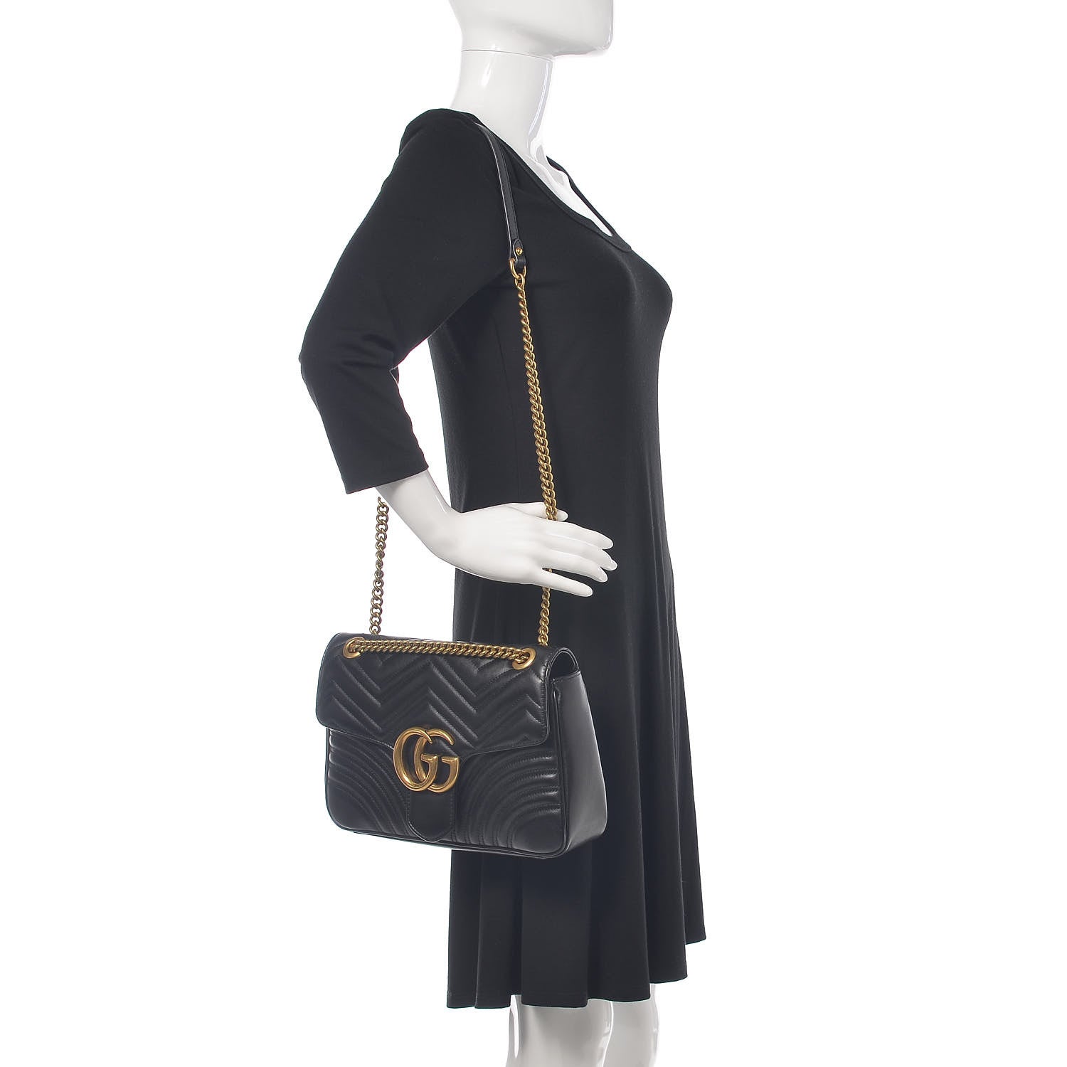 Gucci Calfskin Matelasse Medium GG Marmont Shoulder Bag Black 2 of 14