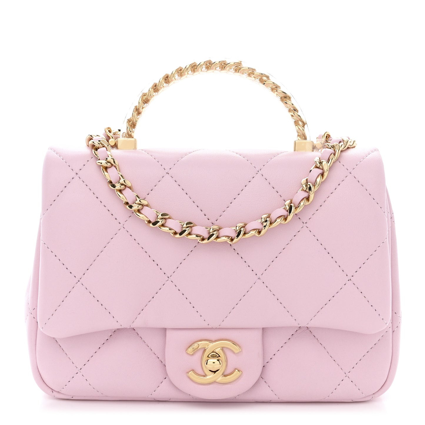 Lambskin Resin Quilted Top Handle Flap Light Pink