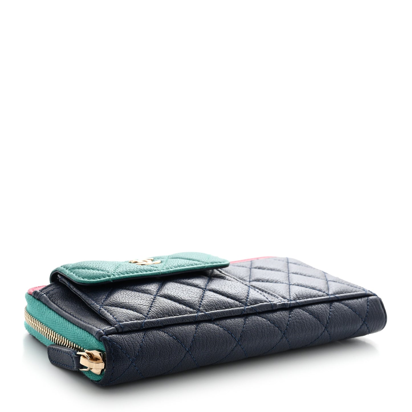 Goatskin Quilted Tri-Color In & Out Zip Around Wallet Navy Turquoise Pink