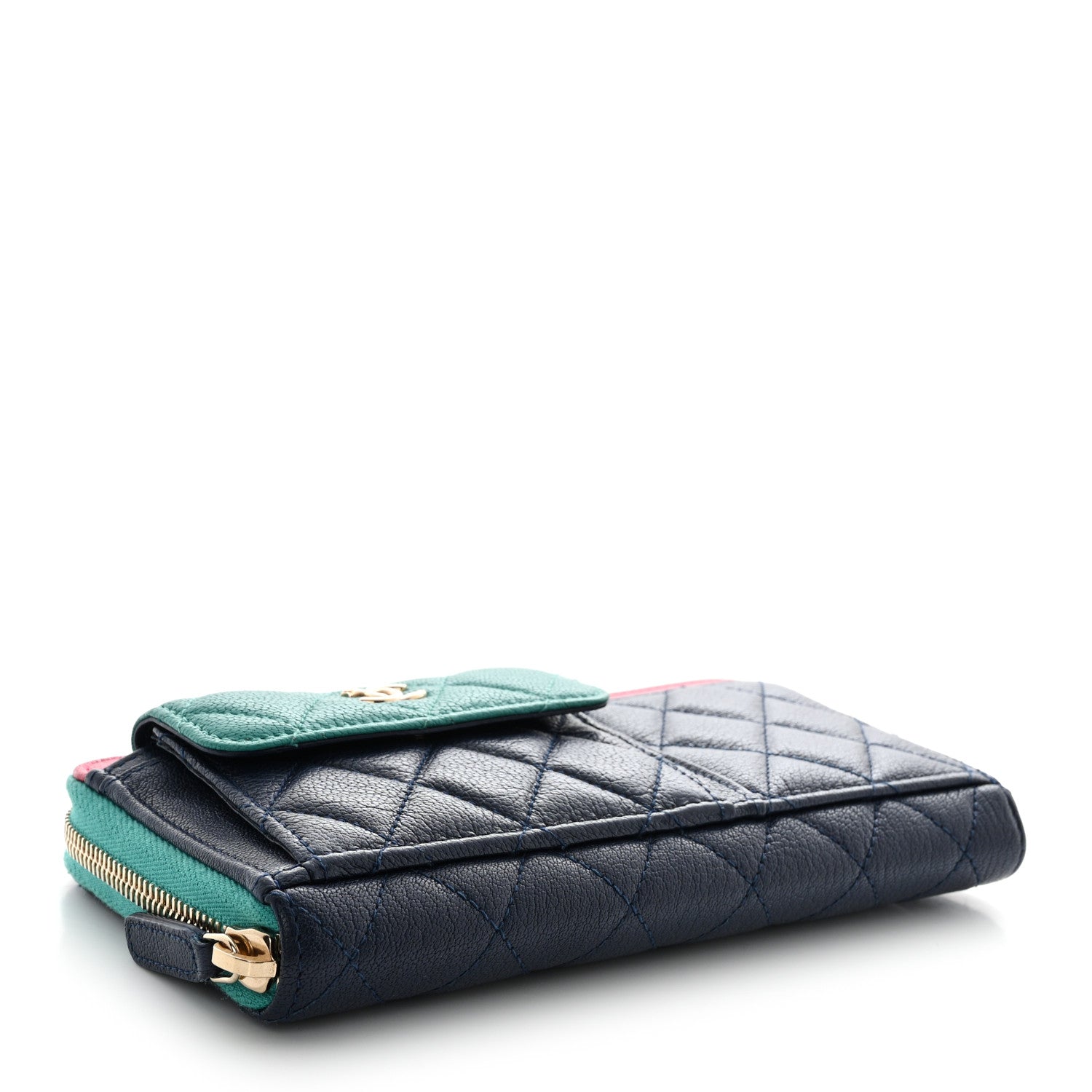Chanel Goatskin Quilted Tri-Color In & Out Zip Around Wallet Navy Turquoise Pink 4 of 15