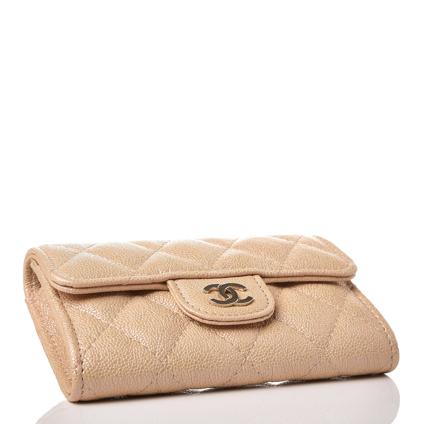 Iridescent Caviar Quilted Flap Card Holder Beige