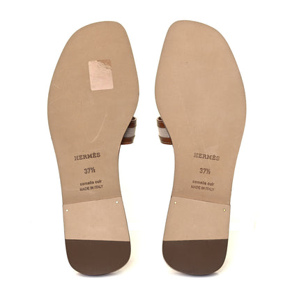 Hermes Calfskin Canvas Oran Sandals 37.5 Noisette Beige Dore 5 of 7