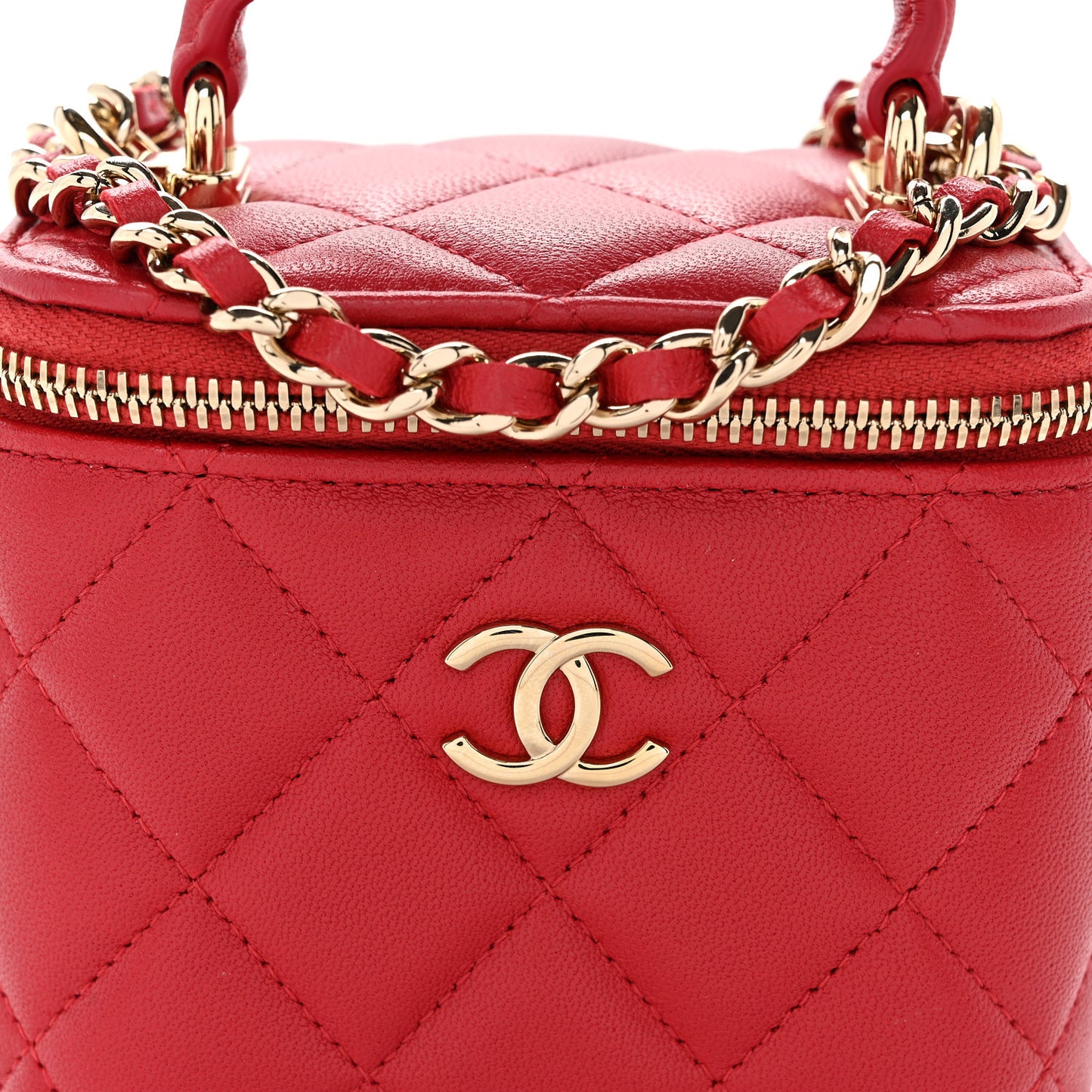 Lambskin Quilted Mini Top Handle Vanity Case With Chain Red