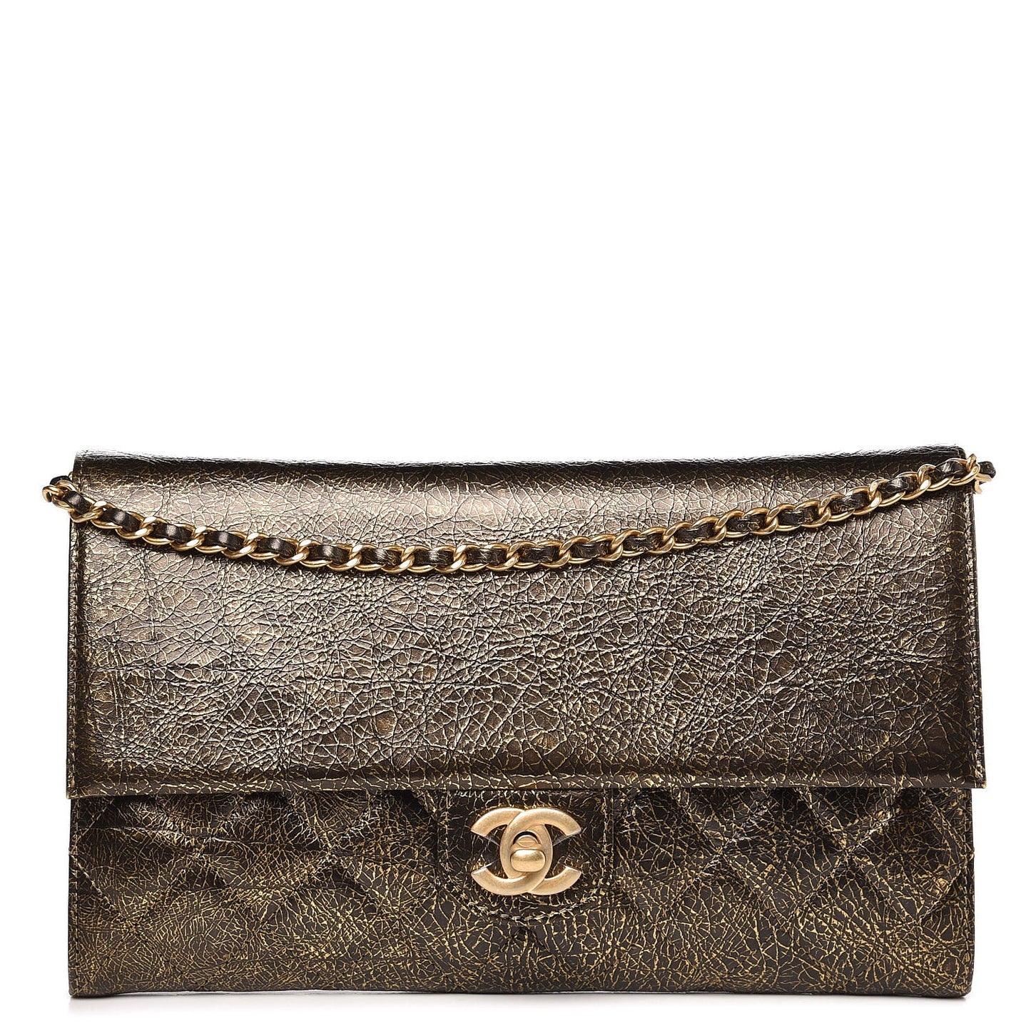 Cracked Metallic Calfskin Quilted Zip Away Chain Clutch Gold