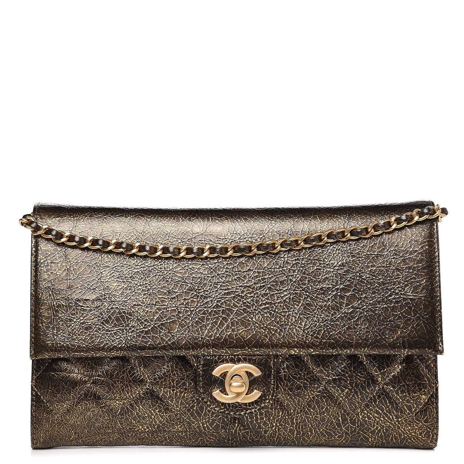 Chanel Cracked Metallic Calfskin Quilted Zip Away Chain Clutch Gold 1 of 7