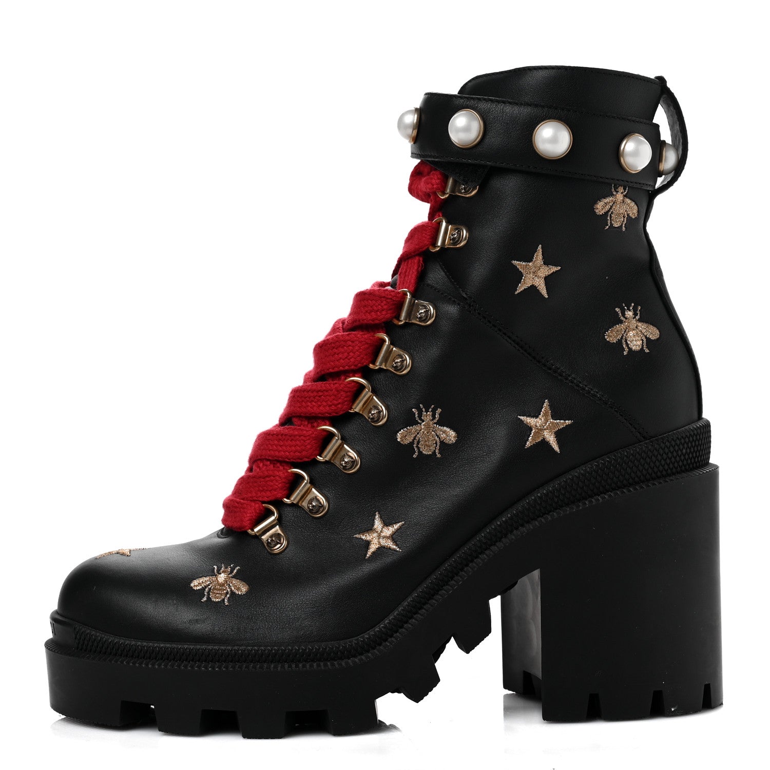 Gucci Calfskin Embroidered Lace Up Combat Ankle Boots 38.5 Black 1 of 6