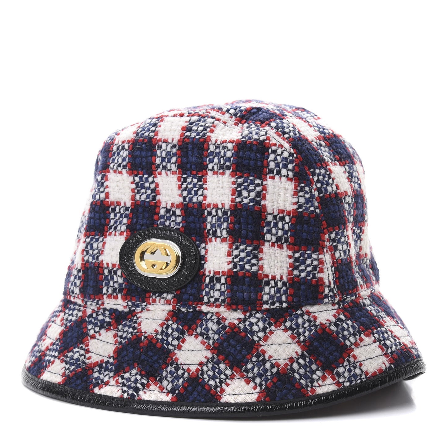 Vintage Tweed Check Bucket Hat M White Hibiscus Red Marine