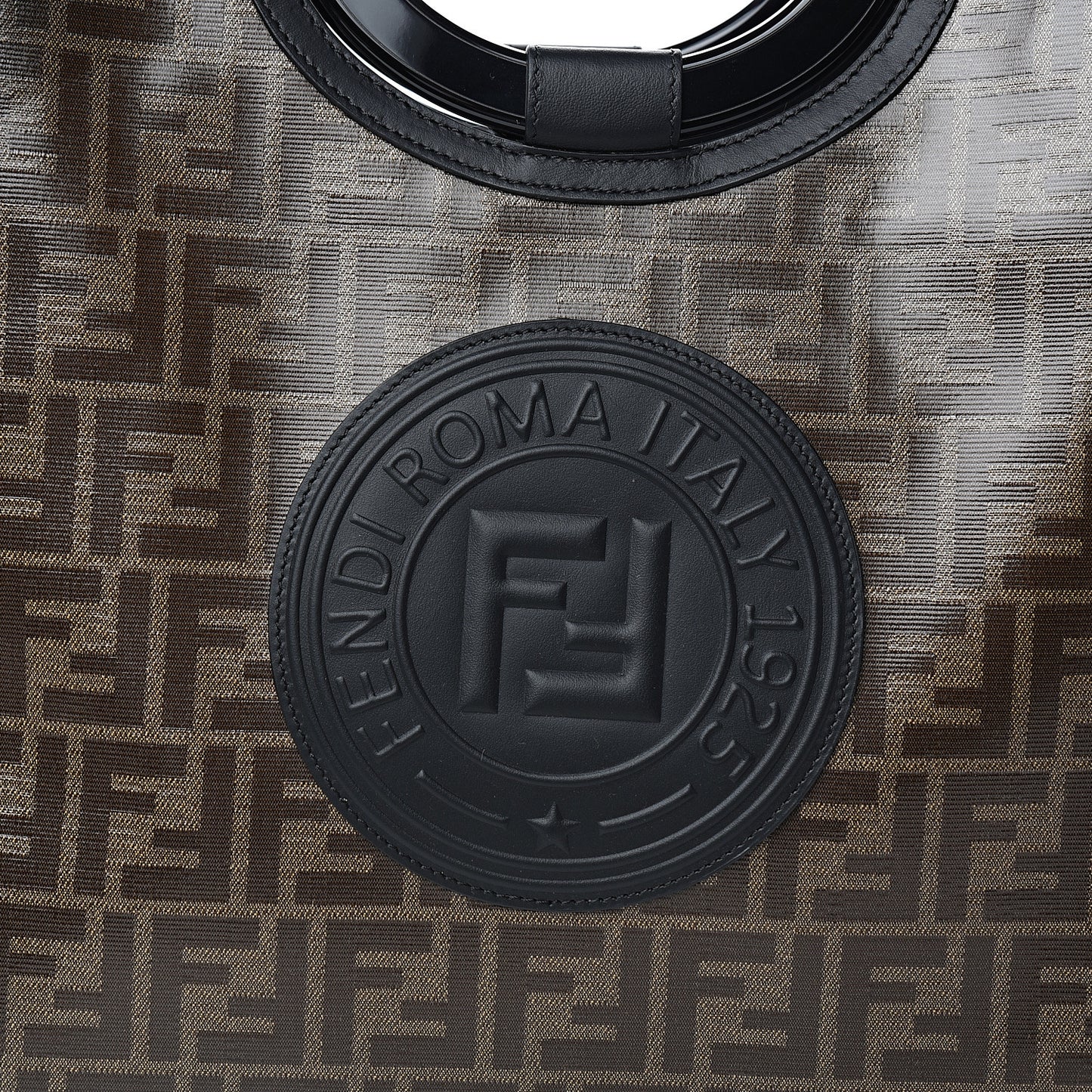 Glazed Fabric Vitello Century Plexiglass FF 1974 Stamp Patch Medium Runaway Shopper Tote Mogano Panna Black