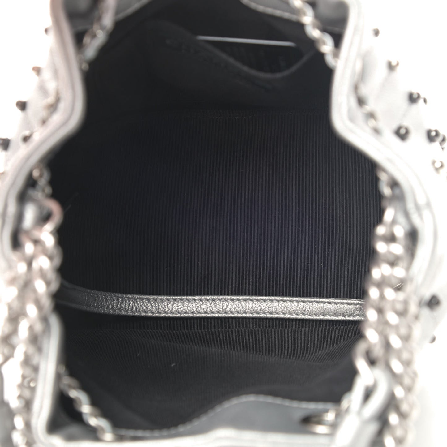 Metallic Lambskin Studded Chevron Quilted Small Stud Wars Drawstring Bag Silver